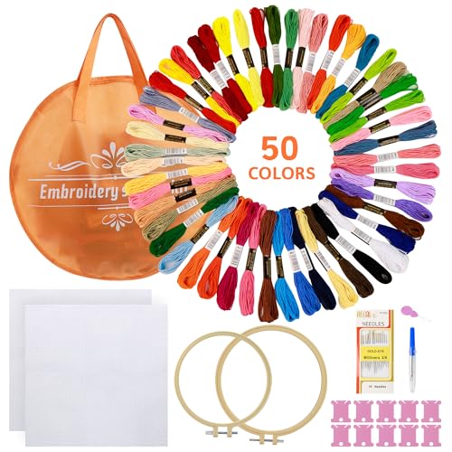 xiruiubao Sticken für Anfänger, Kreuzstich Set Stickerei Embroidery Kit, Einschließlich 50 Farbfäden, Embroidery Hoops, Sticken Stoff, Kreuzstich-Werkzeuge, Stickset Starter Kit Erwachsene und Kinder von xiruiubao