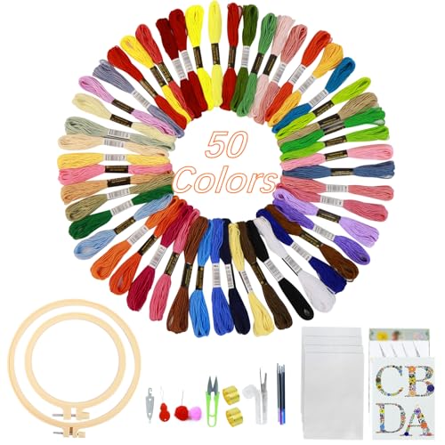 xiruiubao Stickerei Set Anfänger, Stickerei Starter Kit, Stickset für Anfänger, Sticken Set Erwachsene mit 50 Farben Stickgarn Set, 2 Stickrahmen, Kreuzstich-Werkzeuge, 4 Blatt Transferpapier von xiruiubao