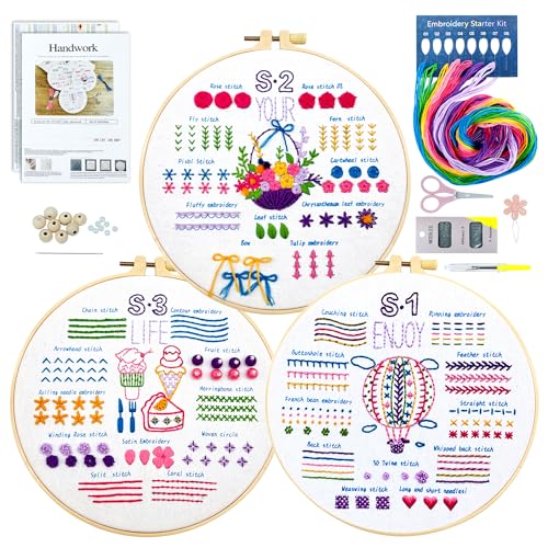 xiruiubao Stickset für Anfänger 3 Stück, Sticken Set Erwachsene, Embroidery Kit Stickerei Starter Kinder, Stickstich Übungsset Kreuzstich-Kit DIY Kunst, Handstickset Handwerk von xiruiubao