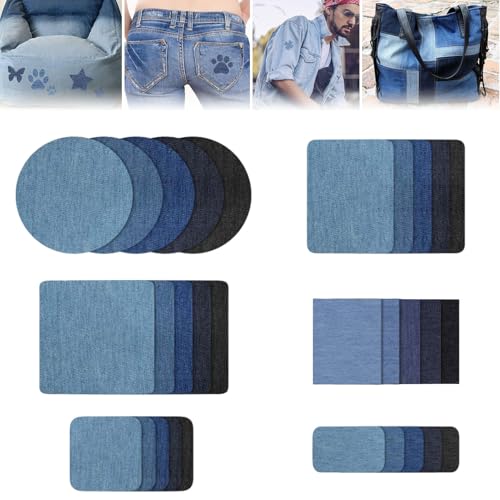 Jeans Flicken zum Aufbügeln,30 Stück Bügelflicken Jeans,Baumwolle Jeans Flicken zum Aufbügeln Innen,Aufbügelflicken,Bügelflicken für Kleidung Innen und Außen Reparatur Dekoration(5 Blautöne,6 Größen) von xksle