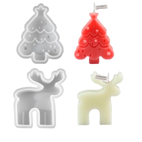 xlwen Silikonformen Gießformen 2PCS Kerzenformen Zum Gießen Weihnachten Silikonform Weihnachten DIY Silikon Kerzen Gießform Elch Weihnachtsbaum Kerzengießform Weihnachtsbaum für Duftkerzen Seifen Süßi von xlwen