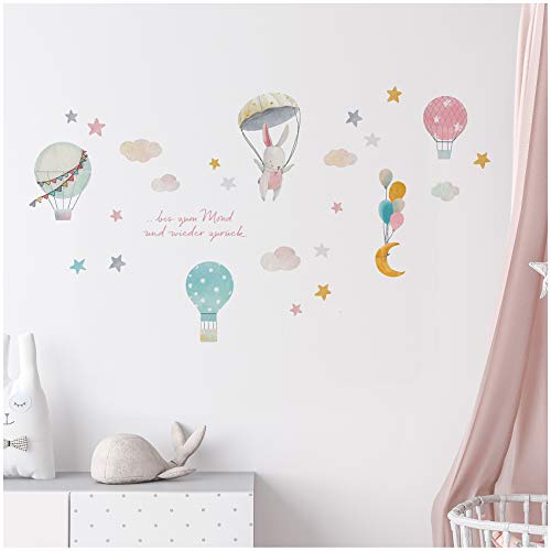 Aufkleber Set Heißluftballon auf 4 Din A4 Bögen Insgesamt 150x55cm Wandtattoo Wandsticker Sticker für Kinder Kinderzimmer Babyzimmer Aquarell Y057-2 (Hase) von yabaduu