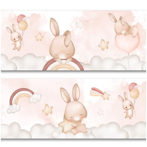 Bordüre 15cm x 200cm für Kinderzimmer Babyzimmer Dekor Aufkleber Wandbordüre selbstklebend Wandtattoo für Kinder Mädchen Junge Y033 (Hasen mit Ballons) von yabaduu