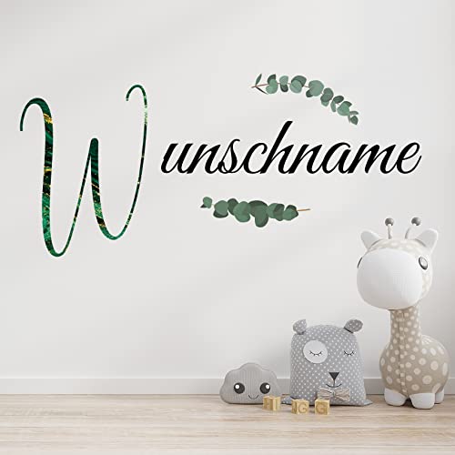 Wandaufkleber Set mit Wunschname Wunschtext Wandtattoo personalisiert mit Name Sterne Feder Blume für Kinderzimmer Wohnzimmer Tür Eingang Flur (03 Marmor grün) von yabaduu