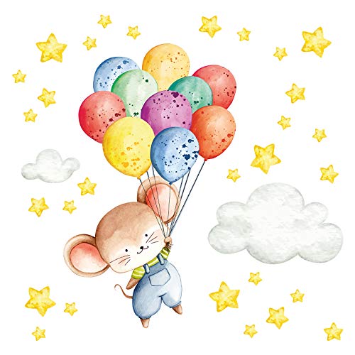 Wandaufkleber Tiere Aquarell Design Wandsticker für Kinderzimmer Babyzimmer Spielzimmer Deko Aufkleber Wandtattoo selbstklebend Junge Mädchen Y061 (Nr. 1 Maus mit bunten Luftballons) von yabaduu