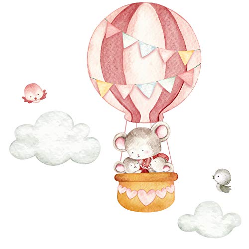 Wandaufkleber Tiere Aquarell Design Wandsticker für Kinderzimmer Babyzimmer Spielzimmer Deko Aufkleber Wandtattoo selbstklebend Junge Mädchen Y061 (Nr. 2 Mäuse mit rosa Luftballons) von yabaduu