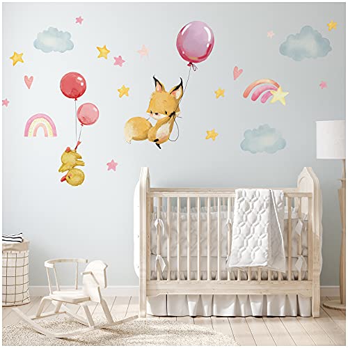 yabaduu Wandsticker personalisiert Sticker Aquarell Tiere mit Name Wandtattoo für Kinderzimmer Babyzimmer Spielzimmer Mädchen Junge Y037 (Nr. 11 Fuchs Küken Regenbogen, Ohne Wunschname) von Finest Folia