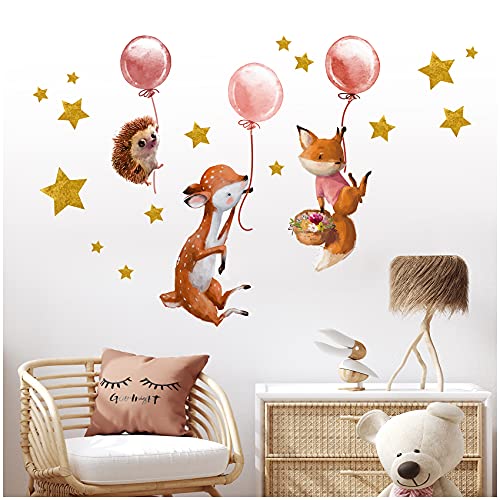 Wandsticker personalisiert Sticker Aquarell Tiere mit Name Wandtattoo für Kinderzimmer Babyzimmer Spielzimmer Mädchen Junge Y037 (Nr. 13 Waldtiere mit Ballons, Ohne Wunschname) von yabaduu