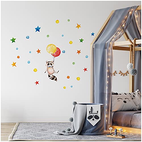 yabaduu Wandsticker personalisiert Sticker Aquarell Tiere mit Name Wandtattoo für Kinderzimmer Babyzimmer Spielzimmer Mädchen Junge Y037 (Nr. 17 Waschbär, Ohne Wunschname) von yabaduu