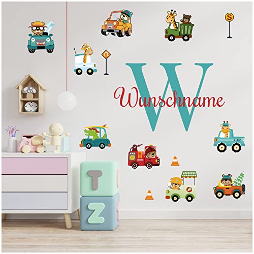 yabaduu Wandsticker personalisiert Sticker Aquarell Tiere mit Name Wandtattoo für Kinderzimmer Babyzimmer Spielzimmer Mädchen Junge Y037 (Nr. 18 Autos, Mit Wunschname) von yabaduu