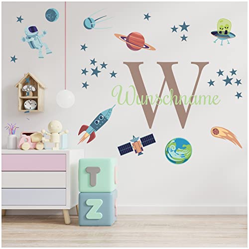 yabaduu Wandsticker personalisiert Sticker Aquarell Tiere mit Name Wandtattoo für Kinderzimmer Babyzimmer Spielzimmer Mädchen Junge Y037 (Nr. 19 Weltall, Mit Wunschname) von yabaduu