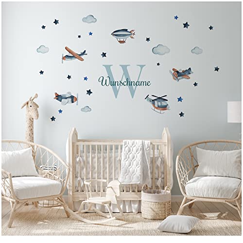 Wandsticker personalisiert Sticker Aquarell Tiere mit Name Wandtattoo für Kinderzimmer Babyzimmer Spielzimmer Mädchen Junge Y037 (Nr. 2 Flugzeuge, Mit Wunschname) von yabaduu