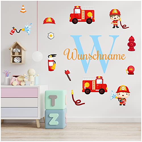 Wandsticker personalisiert Sticker Aquarell Tiere mit Name Wandtattoo für Kinderzimmer Babyzimmer Spielzimmer Mädchen Junge Y037 (Nr. 29 Feuerwehr, Mit Wunschname) von yabaduu