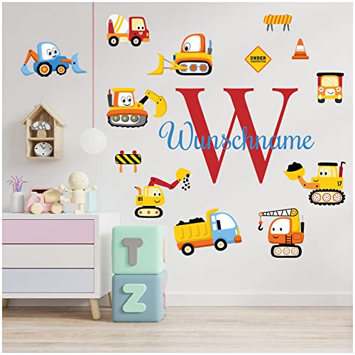 Wandsticker personalisiert Sticker Aquarell Tiere mit Name Wandtattoo für Kinderzimmer Babyzimmer Spielzimmer Mädchen Junge Y037 (Nr. 30 Bagger, Mit Wunschname) von yabaduu