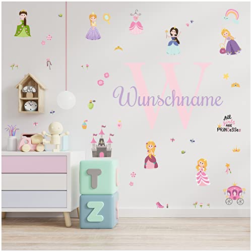 Wandsticker personalisiert Sticker Aquarell Tiere mit Name Wandtattoo für Kinderzimmer Babyzimmer Spielzimmer Mädchen Junge Y037 (Nr. 31 Prinzessin, Mit Wunschname) von yabaduu