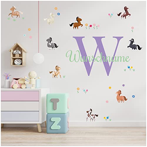 Wandsticker personalisiert Sticker Aquarell Tiere mit Name Wandtattoo für Kinderzimmer Babyzimmer Spielzimmer Mädchen Junge Y037 (Nr. 32 Pferde, Mit Wunschname) von yabaduu