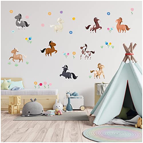 Wandsticker personalisiert Sticker Aquarell Tiere mit Name Wandtattoo für Kinderzimmer Babyzimmer Spielzimmer Mädchen Junge Y037 (Nr. 32 Pferde, Ohne Wunschname) von yabaduu