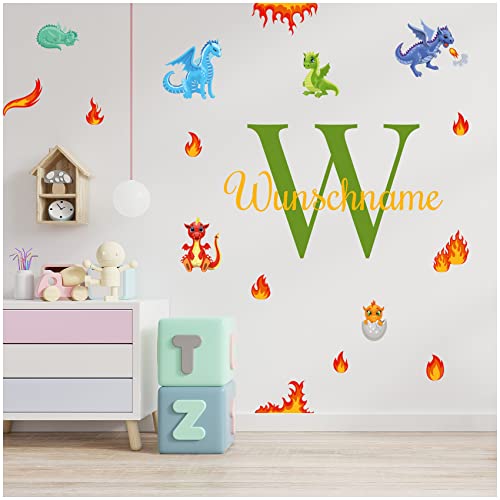 Wandsticker personalisiert Sticker Aquarell Tiere mit Name Wandtattoo für Kinderzimmer Babyzimmer Spielzimmer Mädchen Junge Y037 (Nr. 33 Drachen, Mit Wunschname) von yabaduu