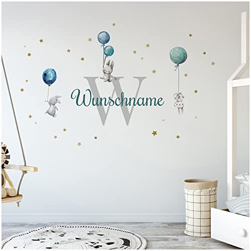 yabaduu Wandsticker personalisiert Sticker Aquarell Tiere mit Name Wandtattoo für Kinderzimmer Babyzimmer Spielzimmer Mädchen Junge Y037 (Nr. 5 Hasen mit Ballons, Mit Wunschname) von yabaduu