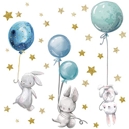 Wandsticker personalisiert Sticker Aquarell Tiere mit Name Wandtattoo für Kinderzimmer Babyzimmer Spielzimmer Mädchen Junge Y037 (Nr. 5 Hasen mit Ballons, Ohne Wunschname) von yabaduu