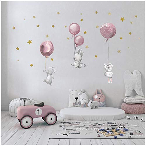 Wandsticker personalisiert Sticker Aquarell Tiere mit Name Wandtattoo für Kinderzimmer Babyzimmer Spielzimmer Mädchen Junge Y037 (Nr. 6 Hasen mit Ballons Rosa, Ohne Wunschname) von yabaduu