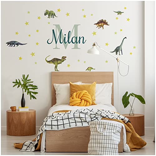 Wandsticker personalisiert Sticker Aquarell Tiere mit Name Wandtattoo für Kinderzimmer Babyzimmer Spielzimmer Mädchen Junge Y037 (Nr. 9 Dinos, Mit Wunschname) von yabaduu