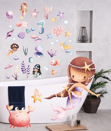 YABADUU® Zuckersüße Fliesensticker mit Meerjungfrauen und Fischen • Unterwasserwelt fürs Badezimmer & Kinderzimmer in Pastellfarben Y073 von yabaduu