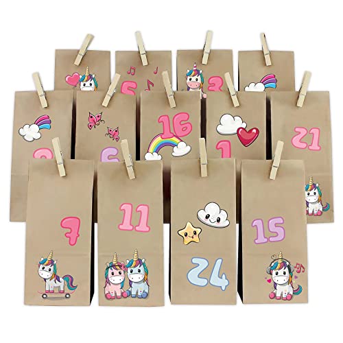 Yabaduu DIY Adventskalender Zahlen mit Papiertüten zum Aufkleben Nummern 1-24 Selbstklebende Sticker für Weihnachten Bastelset zum Befüllen Y067 (03 Einhörner Bogen) von yabaduu