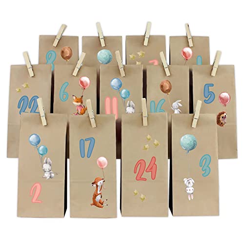 Yabaduu DIY Adventskalender Zahlen mit Papiertüten zum Aufkleben Nummern 1-24 Selbstklebende Sticker für Weihnachten Bastelset zum Befüllen Y067 (08 Hasen Bogen) von yabaduu