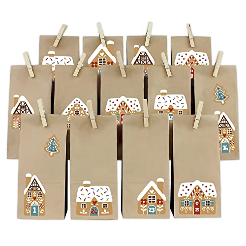 Yabaduu DIY Adventskalender Zahlen mit Papiertüten zum Aufkleben Nummern 1-24 Selbstklebende Sticker für Weihnachten Bastelset zum Befüllen Y067 (17 Lebkuchenhäuser Bogen) von yabaduu