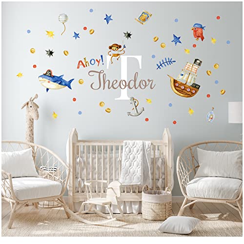 Wandsticker personalisiert Sticker Aquarell Tiere mit Name Wandtattoo für Kinderzimmer Babyzimmer Spielzimmer Mädchen Junge Y037 (Nr. 10 Piraten, Mit Wunschname) von yabaduu