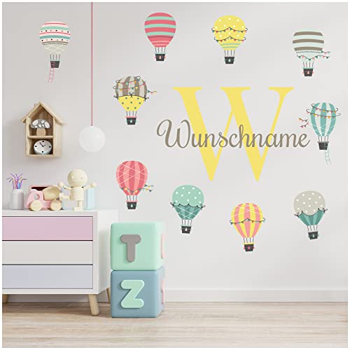 Wandsticker personalisiert Sticker Aquarell Tiere mit Name Wandtattoo für Kinderzimmer Babyzimmer Spielzimmer Mädchen Junge Y037 (Nr. 20 Heißluftballon, Mit Wunschname) von yabaduu