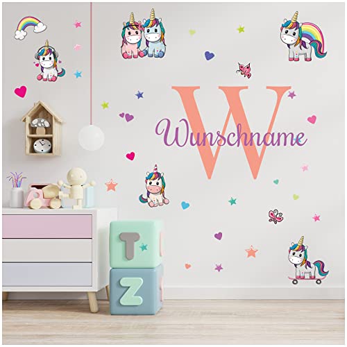 Wandsticker personalisiert Sticker Aquarell Tiere mit Name Wandtattoo für Kinderzimmer Babyzimmer Spielzimmer Mädchen Junge Y037 (Nr. 22 Einhörner, Mit Wunschname) von yabaduu