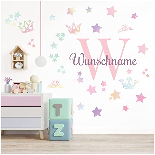 Wandsticker personalisiert Sticker Aquarell Tiere mit Name Wandtattoo für Kinderzimmer Babyzimmer Spielzimmer Mädchen Junge Y037 (Nr. 37 Sterne und Krone, Mit Wunschname) von yabaduu