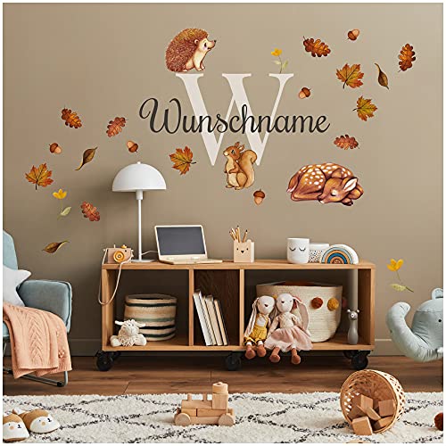 yabaduu Wandsticker personalisiert Sticker Aquarell Tiere mit Name Wandtattoo für Kinderzimmer Babyzimmer Spielzimmer Mädchen Junge Y037 (Nr. 4 Tiere im Herbst, Mit Wunschname) von yabaduu