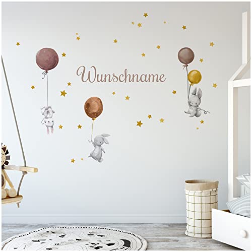 yabaduu Wandsticker personalisiert Sticker Aquarell Tiere mit Name Wandtattoo für Kinderzimmer Babyzimmer Spielzimmer Mädchen Junge Y037 (Nr. 7 Hasen mit Ballons Erdtöne, Mit Wunschname) von yabaduu