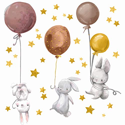 yabaduu Wandsticker personalisiert Sticker Aquarell Tiere mit Name Wandtattoo für Kinderzimmer Babyzimmer Spielzimmer Mädchen Junge Y037 (Nr. 7 Hasen mit Ballons Erdtöne, Ohne Wunschname) von yabaduu