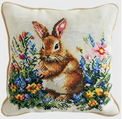 Kreuzstich-Kissenset, Kaninchen-Wandteppich-Kissenset, 45 x 45 cm, DIY-Kissen-Stickset, Nadelspitze, handgefertigte Handarbeit, Kissen-Set, Stich-Kissenbezug-Set für Erwachsene, Anfänger von yade-show