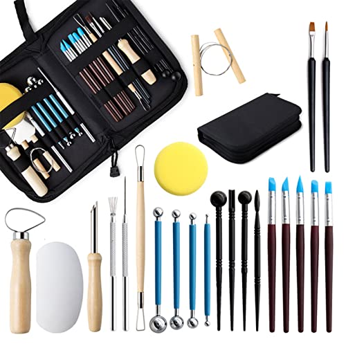 yanwuwa Modelliermasse Modellierwerkzeug-Set, Töpferwerkzeuge mit trockenem Ton, Stylus, Punktierwerkzeuge, für Erwachsene, Zubehör für Profis, mit Tasche, 24-teilig von yanwuwa