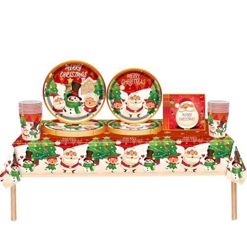 69 Stück Weihnachts-Party-Geschirr-Dekorationen, Weihnachtsfeier-Dekorationen mit Weihnachtspapptellern, Servietten, Pappbechern, Kunststoff-Tischdecke, Party-Geschirr-Sets für von yayafunfun