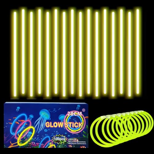 100 Stück Knicklichter Party Set Glow Sticks,leuchtstäbe kinder mit 100 Anschlüssen,Leuchtende Armbänder Halsketten für leuchtstäbe hochzeit,Lichter Neon Deko dunkle Leuchtstäbe Hochzeit Party - Gelb von yayafunfun