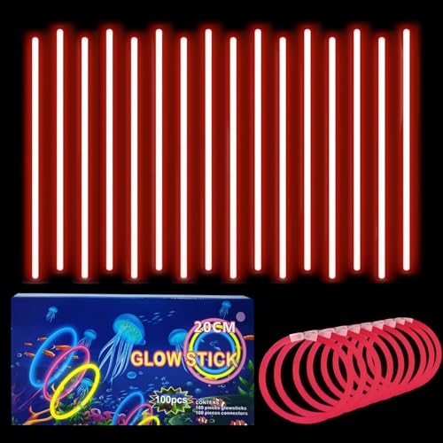 100 Stück Knicklichter Party Set Glow Sticks,leuchtstäbe kinder mit 100 Anschlüssen,Leuchtende Armbänder Halsketten für leuchtstäbe hochzeit,Lichter Neon Deko dunkle Leuchtstäbe Hochzeit Party- Rot von yayafunfun