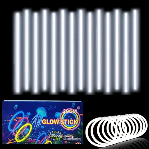 100 Stück Knicklichter Party Set Glow Sticks,leuchtstäbe kinder mit 100 Anschlüssen,Leuchtende Armbänder Halsketten für leuchtstäbe hochzeit,Lichter Neon Deko dunkle Leuchtstäbe Hochzeit Party - Weiß von yayafunfun