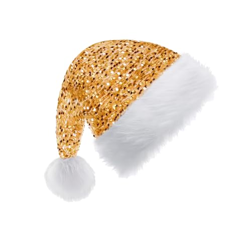 Gold Pailletten Weihnachtsmütze für Erwachsene Kinder,35*45cm Nikolausmütze Plüsche Weihnachtsmann Mütze,Warm Dicker Nikolaus Mütze Santa Clause Mütze für Männer Frauen Familie Weihnachtsfeier von yayafunfun