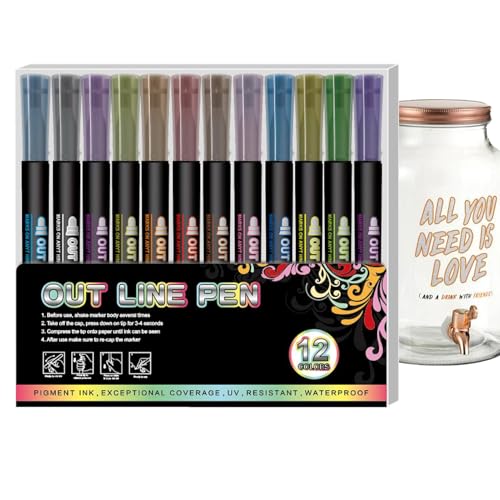 ycezw Glitzernder Konturenstift, Glitzer-Stifte, Glitzerstift, 12 Farben, schnell trocknende Kunststifte, Marker von ycezw