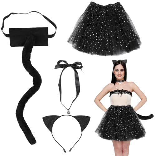 Schwarzes Katzenkostüm-Zubehör-Set, 4-teiliges Set mit Katzenohren, Schwanz, Glocken-Choker, Tutu-Rock für Verkleidungen, Partys und Karneval von yeeplant