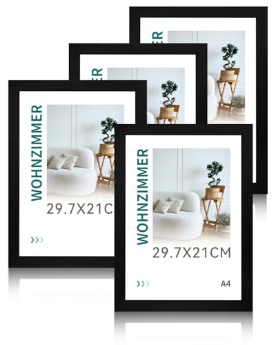 Din A4 Holz Bilderrahmen Schwarz 4er-Set, Modernes Design Holzbilderrahmen, Hochwertige Qualität Fotorahmen für Fotos, Kunstwerke und Zertifikate, Deko und Geschenkidee (21 x 29,7 cm) von yerfkan