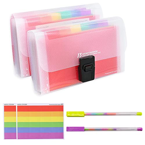 YINENGDA Mini Fächermappe A6 Dokumenthüllen 13 Taschen, 2 Stück Rainbow Dokumenten Organizer und 2 Gel-Stifte, Klassifizierungsordner für Dokumenten, Rechnungen, Briefen, Quittungen von YINENGD