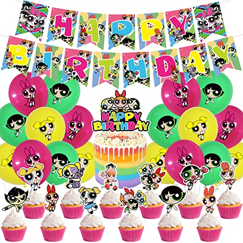 Powerpuff-Geburtstagsparty-Zubehör für Mädchen, Powerpuff-Mädchen-Dekorationen umfassen Kuchendekoration, Cupcake-Topper, Banner, Luftballons für Mädchen, Kinder-Party-Dekorationen von yingde