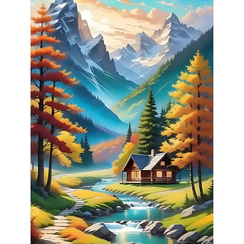 Gemartmall Berg Malen Nach Zahlen Erwachsene-Holzhaus Malen Nach Zahlen für Erwachsene,Landschaft Acrylfarbe Malen Nach Zahlen Erwachsene Set zur Geschenk und Heimdekoration (30x40cm) von Gemartmall